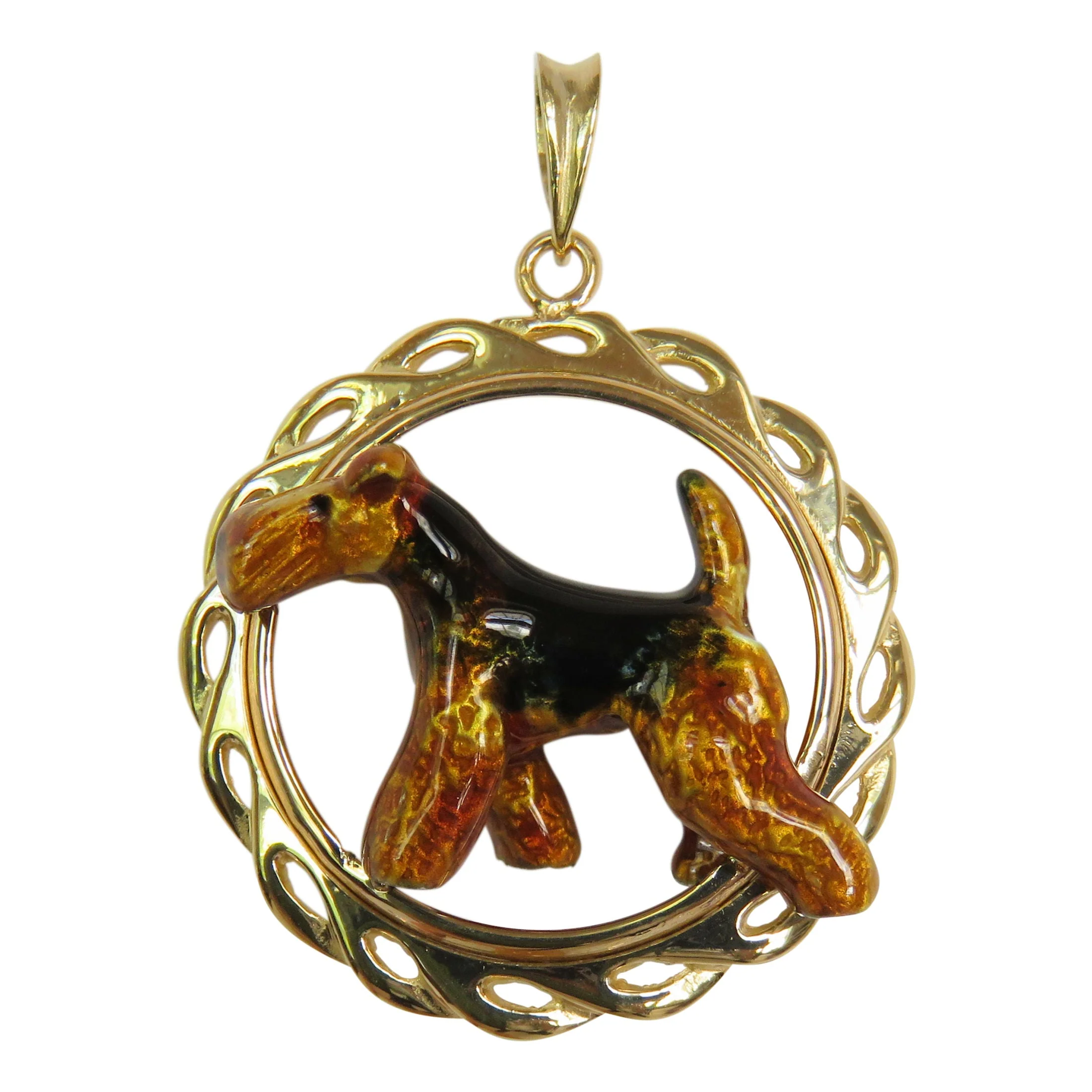 Airedale Terrier in 14K Gold Circle Wave Pendant Custom Enamel