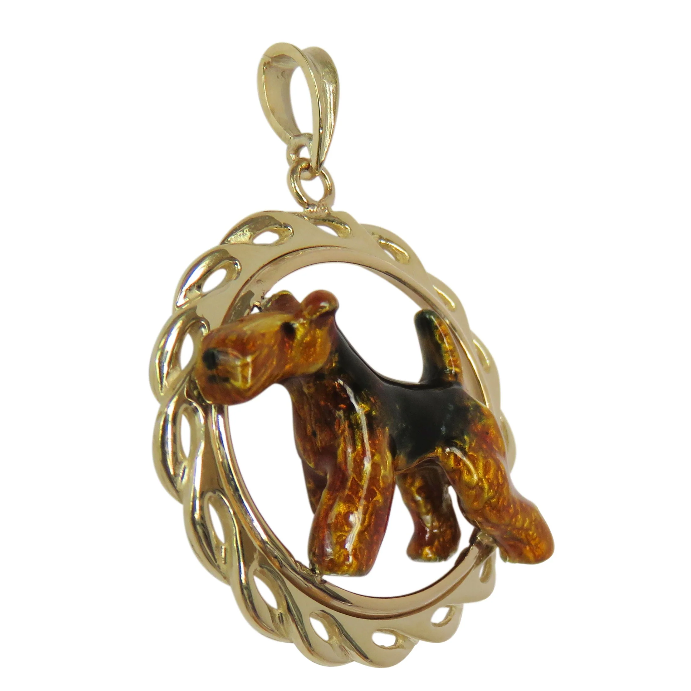 Airedale Terrier in 14K Gold Circle Wave Pendant Custom Enamel - Image 2