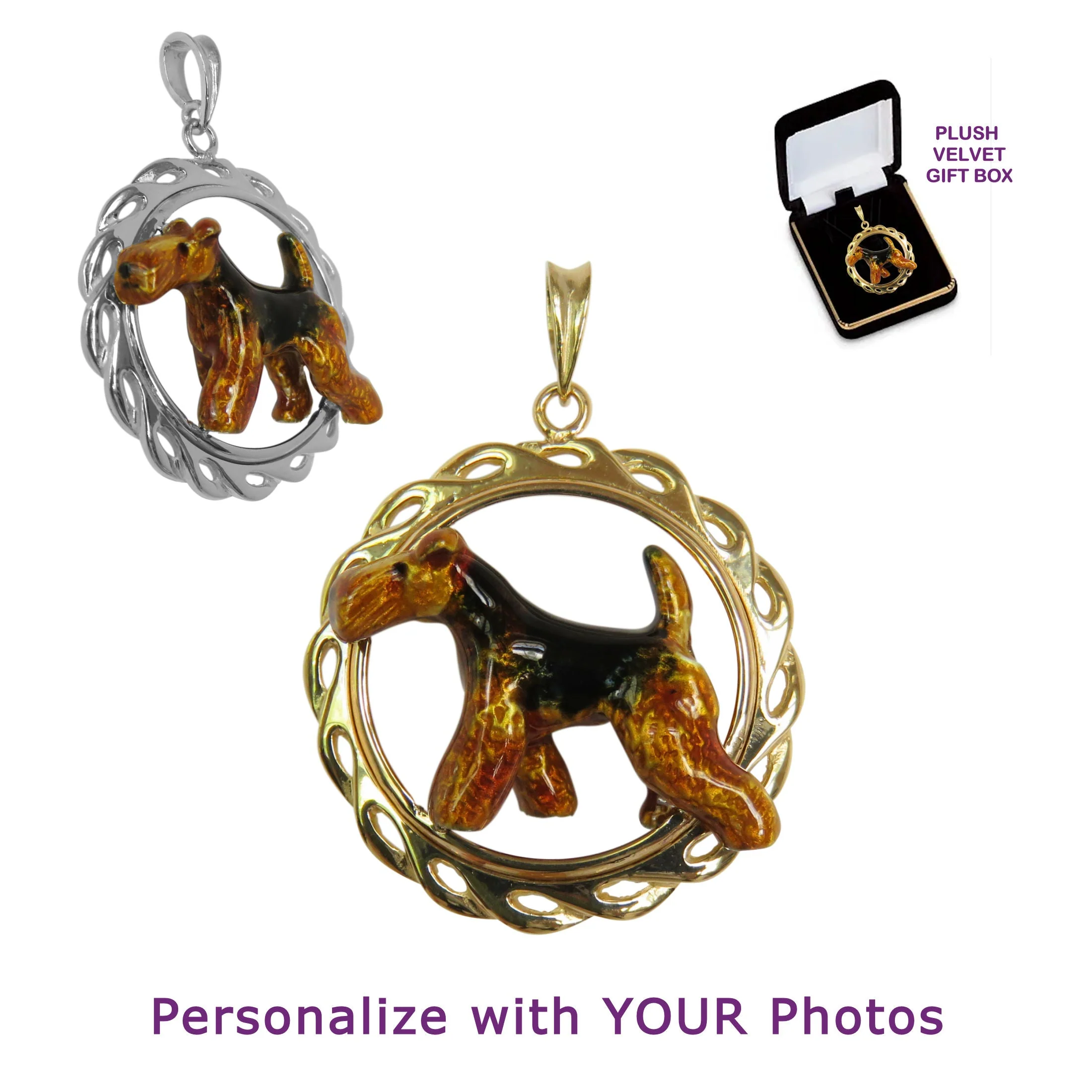 Airedale Terrier in Sterling Silver Circle Wave Pendant Custom Enamel - Image 3