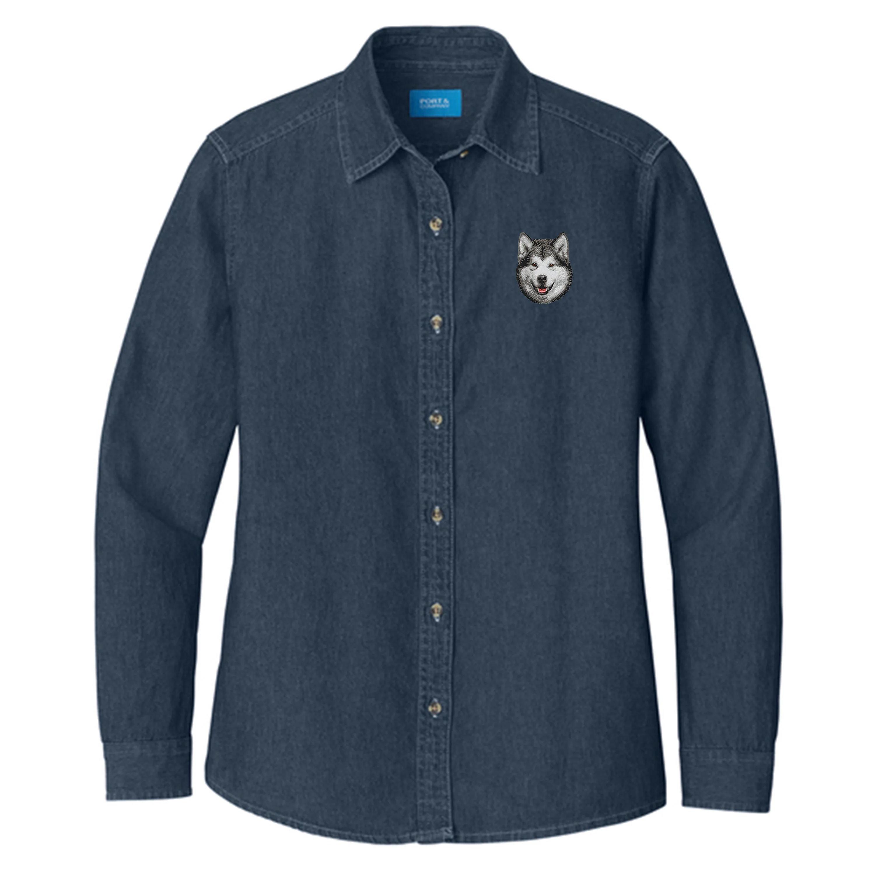 Alaskan Malamute Embroidered Women's Denim Shirt - Image 3