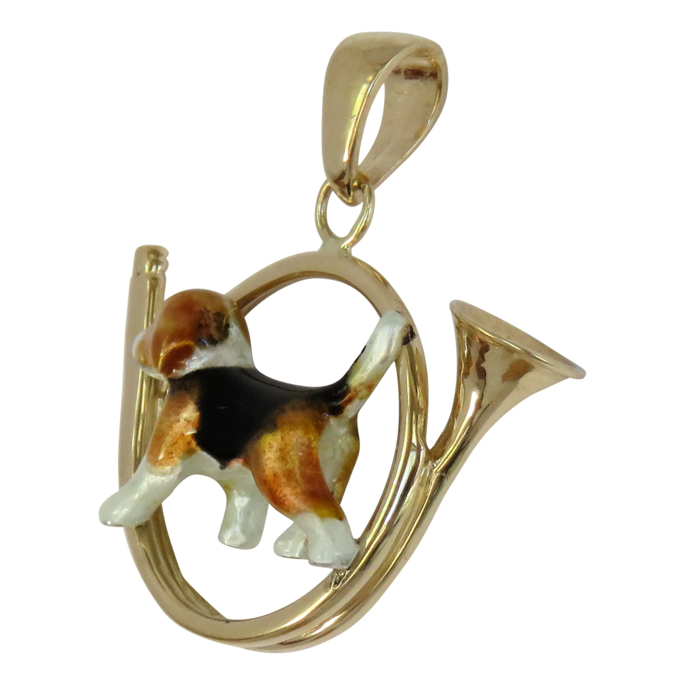 Beagle in 14K Gold Hunting Horn Pendant Custom Enamel - Image 2