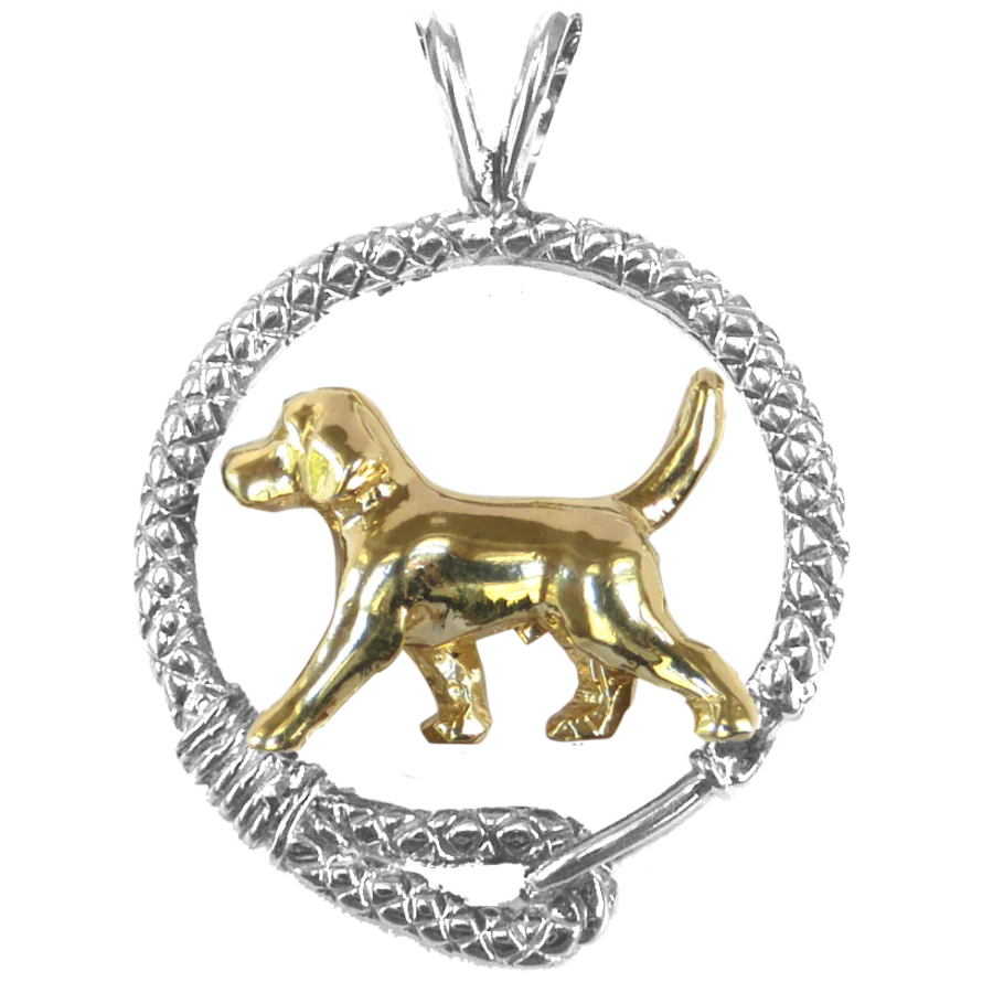 Beagle in Solid 14K Gold and Sterling Silver Leash Pendant