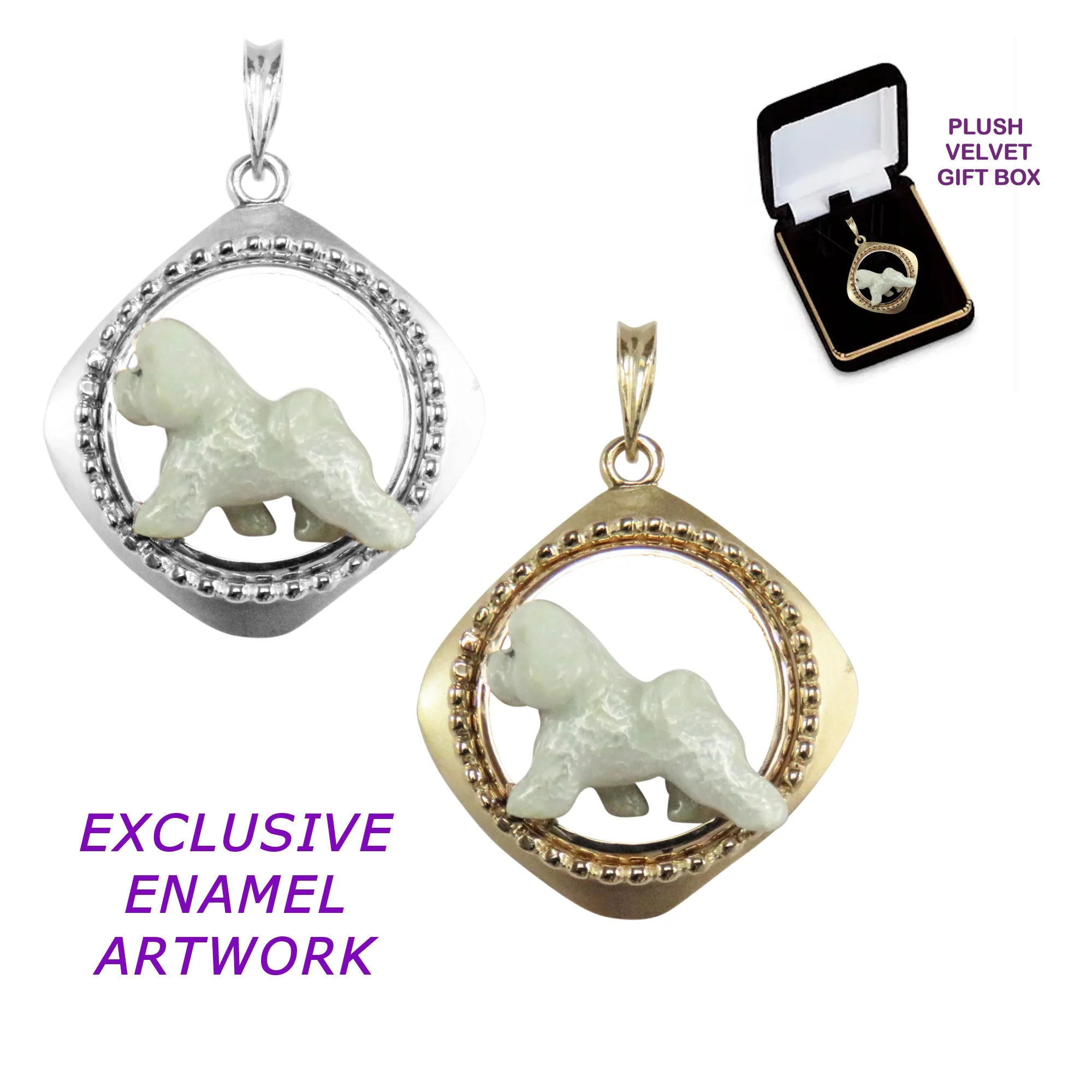Bichon Frise Custom Enamel in Sterling Silver Diamond Shape Frame Pendant - Image 2