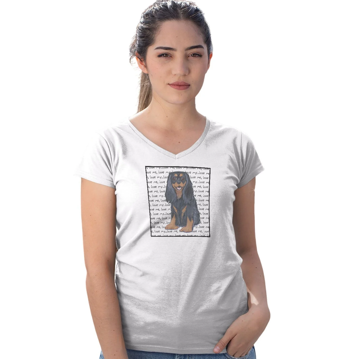 Black & Tan Cavalier King Charles Spaniel Love Text - Women's V-Neck T-Shirt