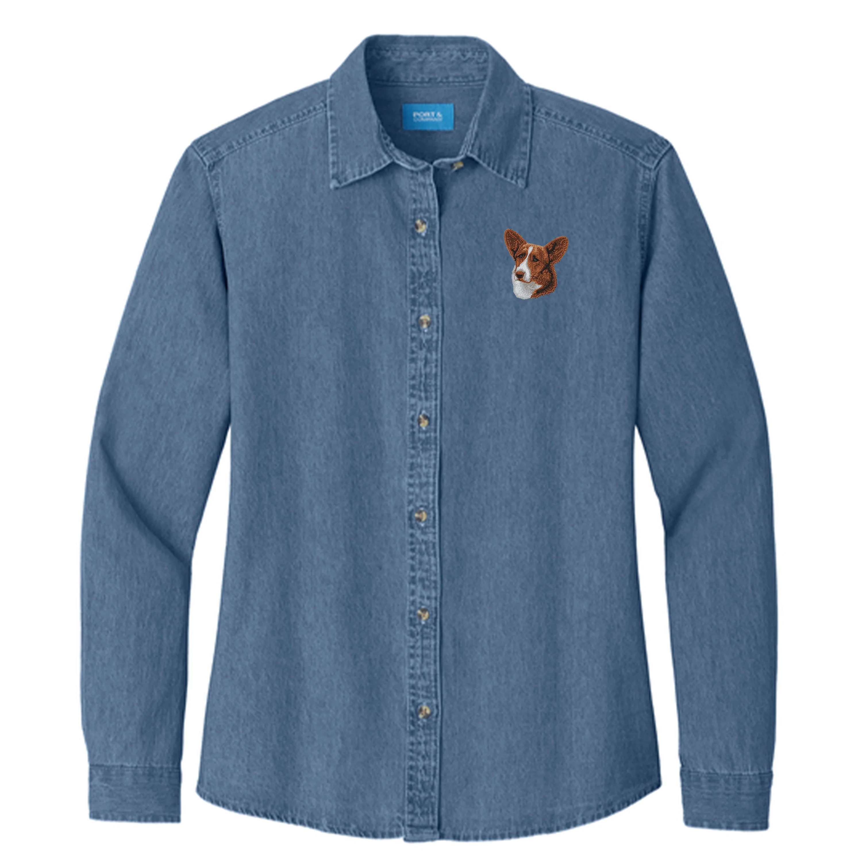 Cardigan Welsh Corgi Embroidered Women's Denim Shirt