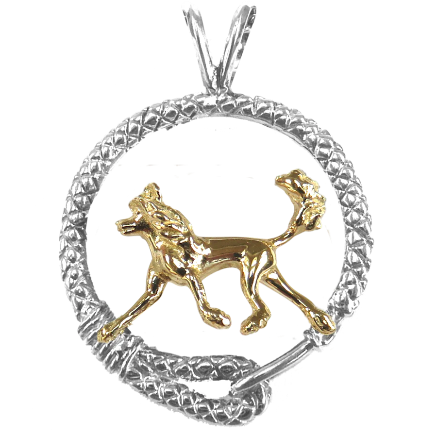 Chinese Crested Dog in Solid 14K Gold and Sterling Silver Leash Pendant