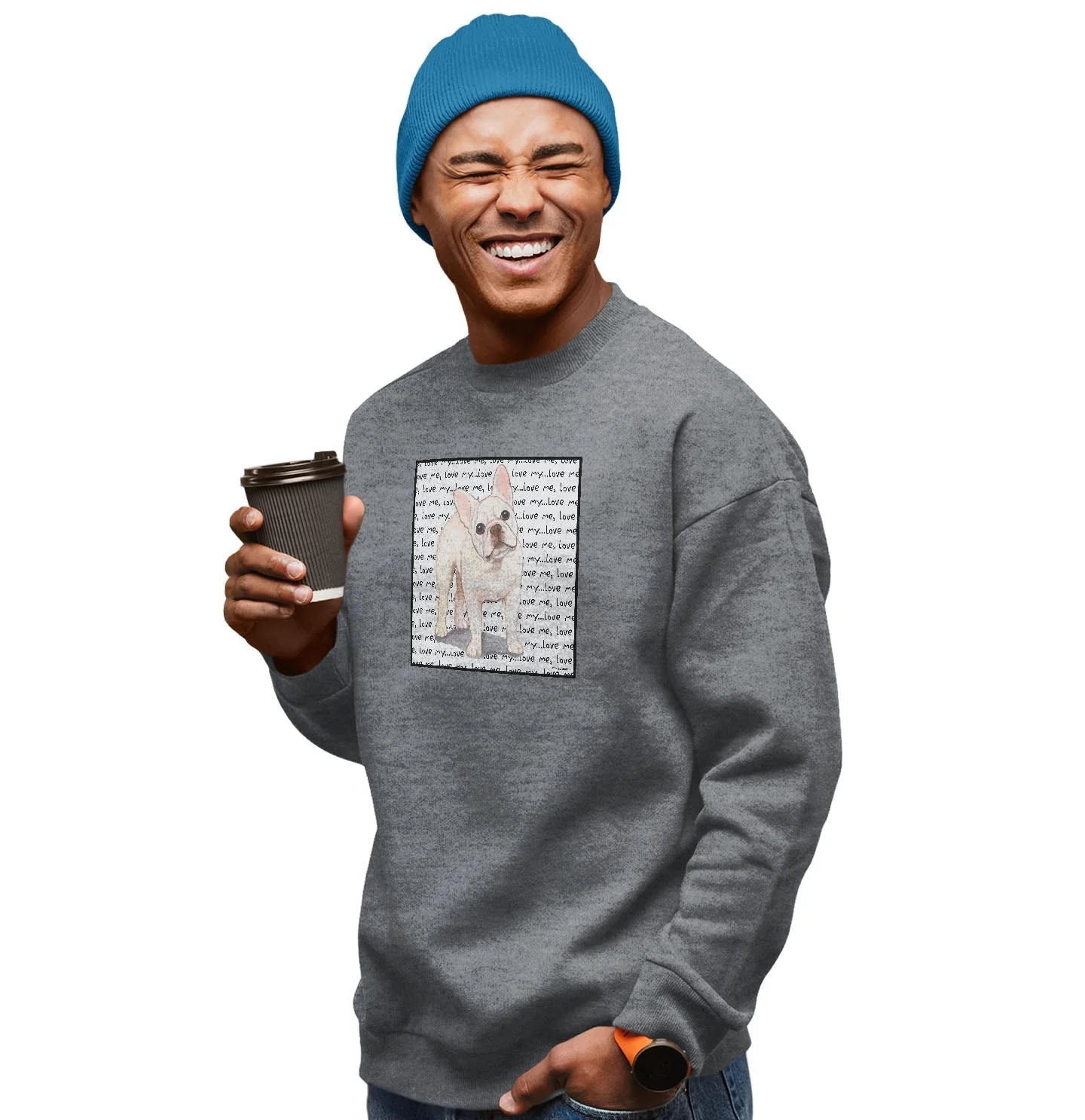 Cream French Bulldog Love Text - Adult Unisex Crewneck Sweatshirt - Image 3