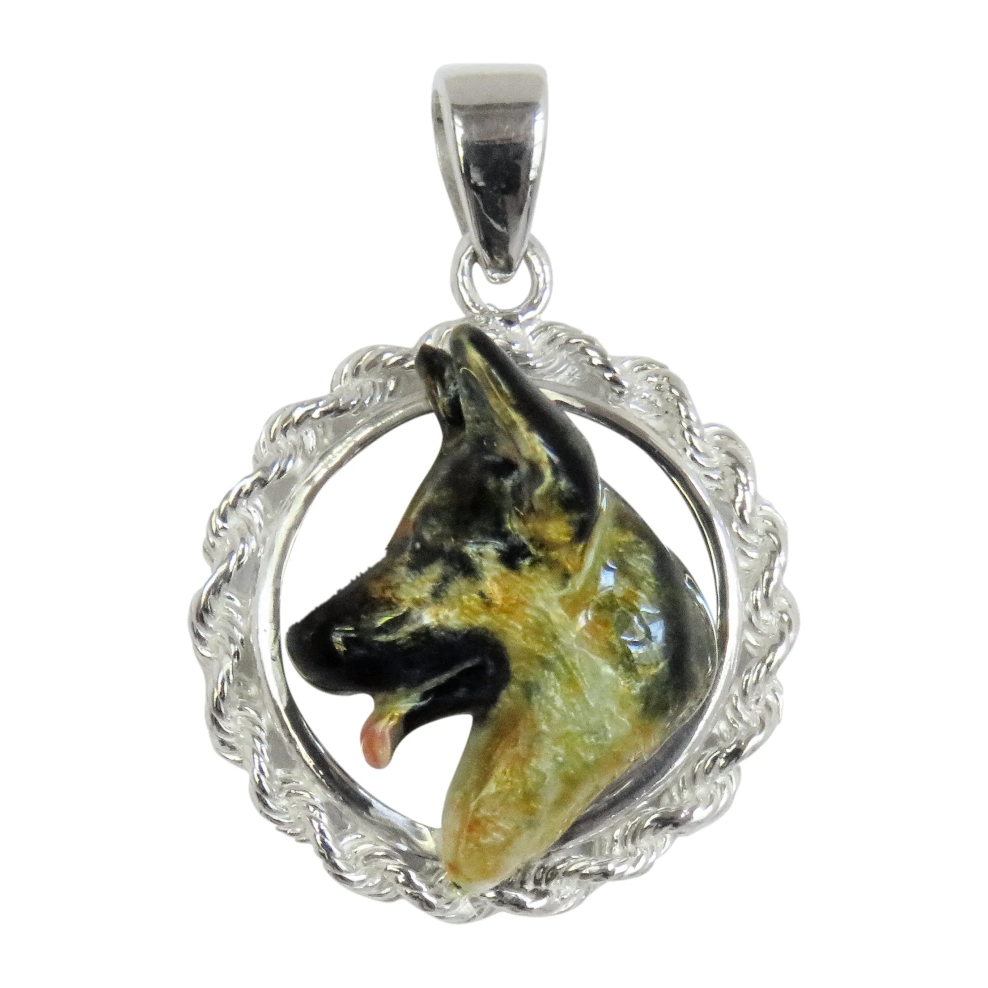 German Shepherd Dog Custom Enamel  in Sterling Silver Classic Rope Pendant