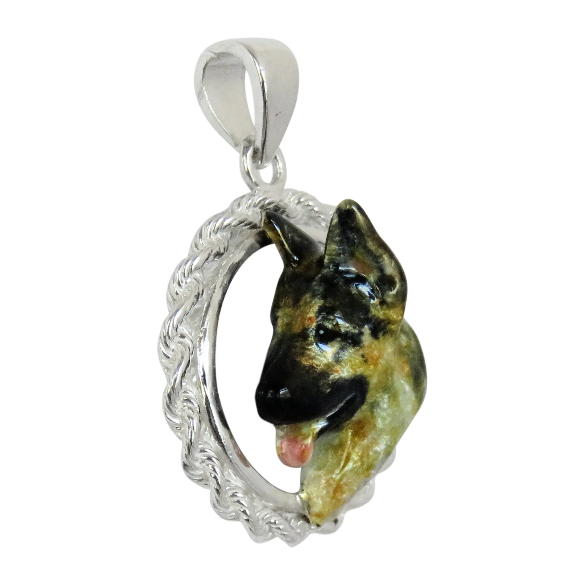 German Shepherd Dog Custom Enamel  in Sterling Silver Classic Rope Pendant - Image 2