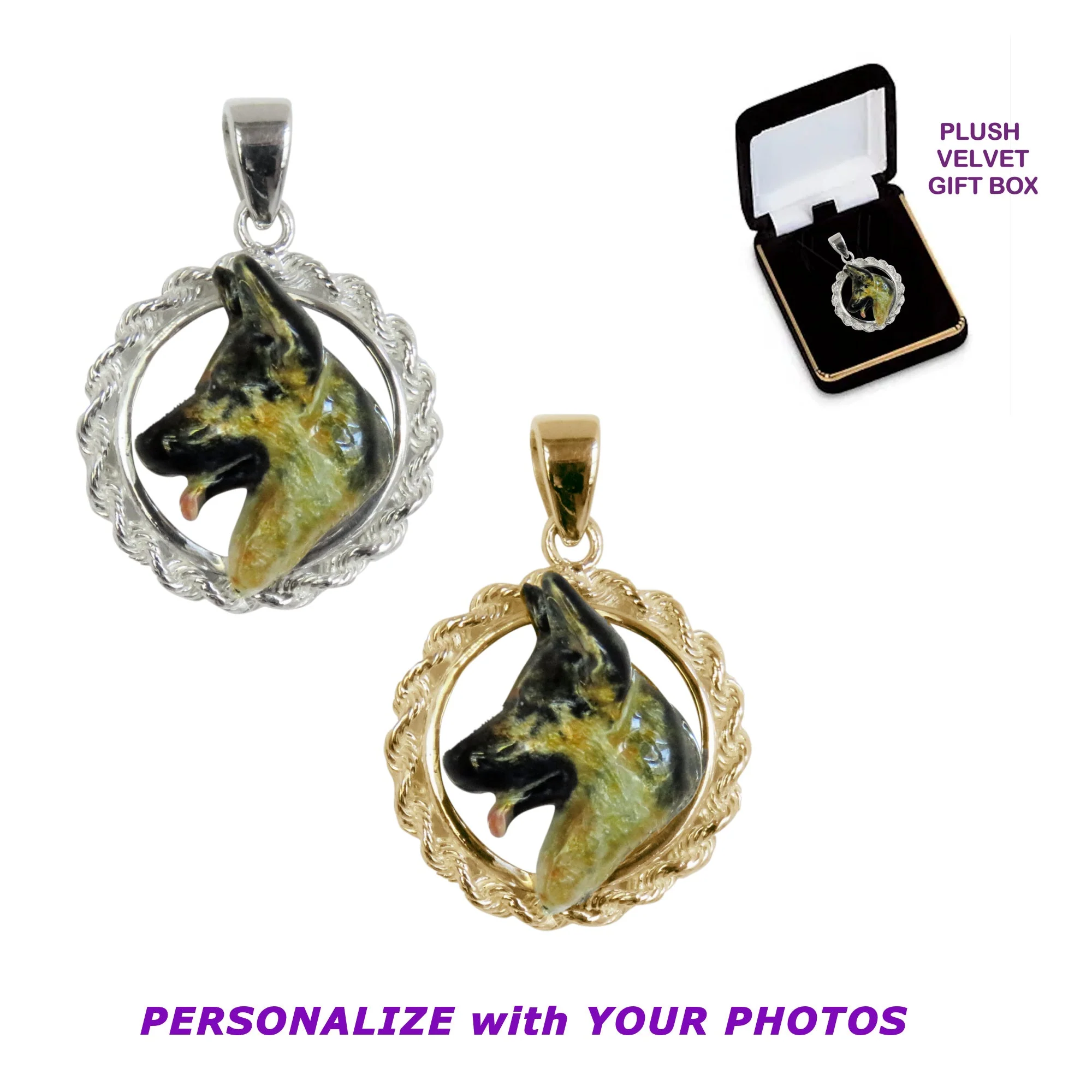 German Shepherd Dog Custom Enamel  in Sterling Silver Classic Rope Pendant - Image 4