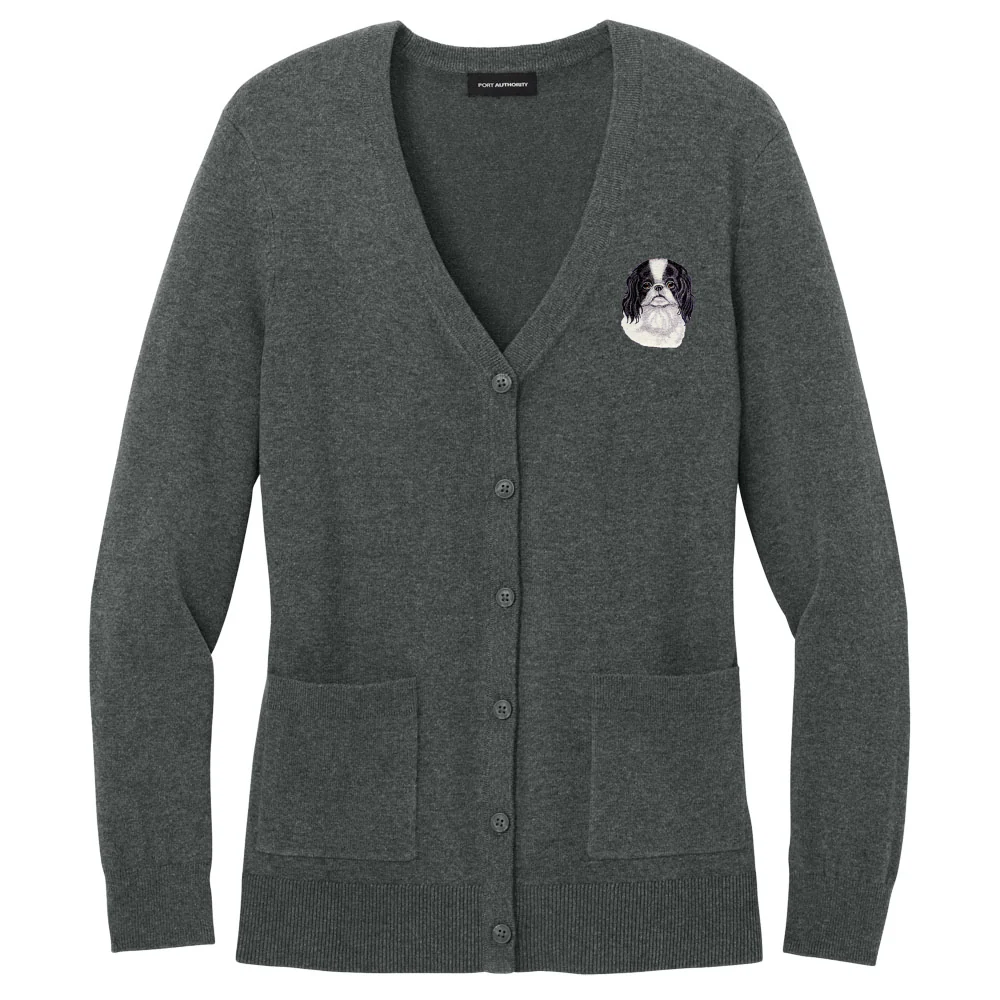 Japanese Chin Embroidered Button-Up Cardigan Sweater