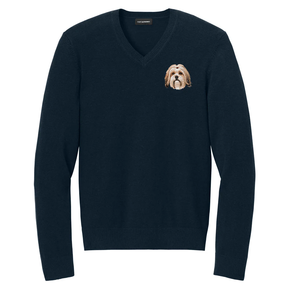 Lhasa Apso Embroidered V-Neck Sweater