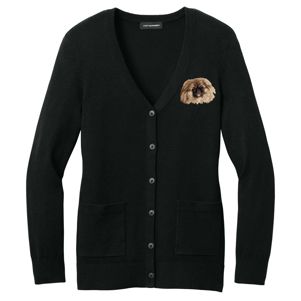 Pekingese Embroidered Button-Up Cardigan Sweater - Image 2