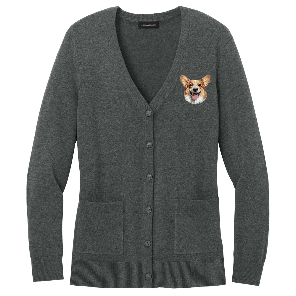 Pembroke Welsh Corgi Embroidered Button-Up Cardigan Sweater