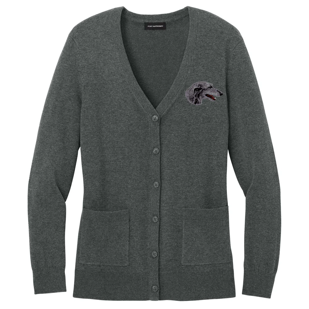 Scottish Deerhound Embroidered Button-Up Cardigan Sweater