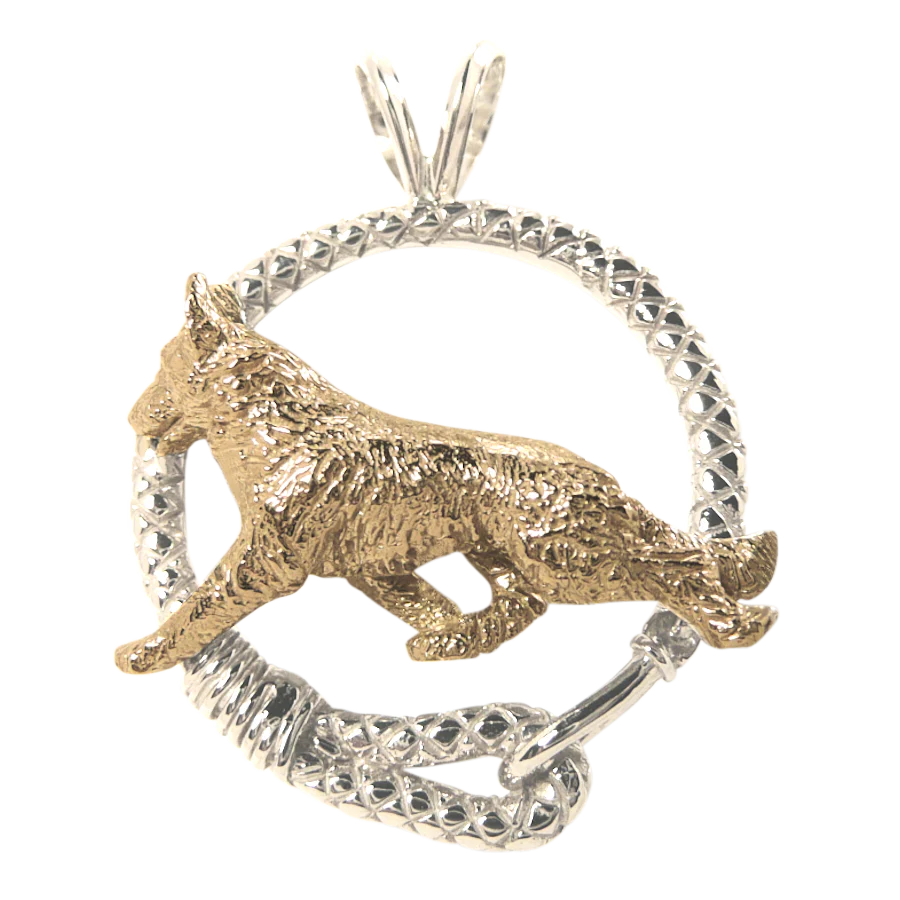 German Shepherd Dog in Solid 14K Gold and Sterling Silver Leash Pendant