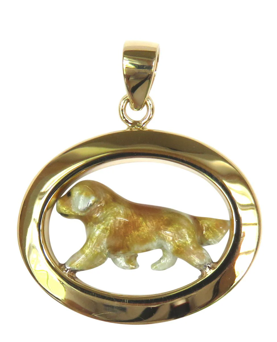Golden Retriever Trotting in 14K Gold Oval Pendant Custom Enamel