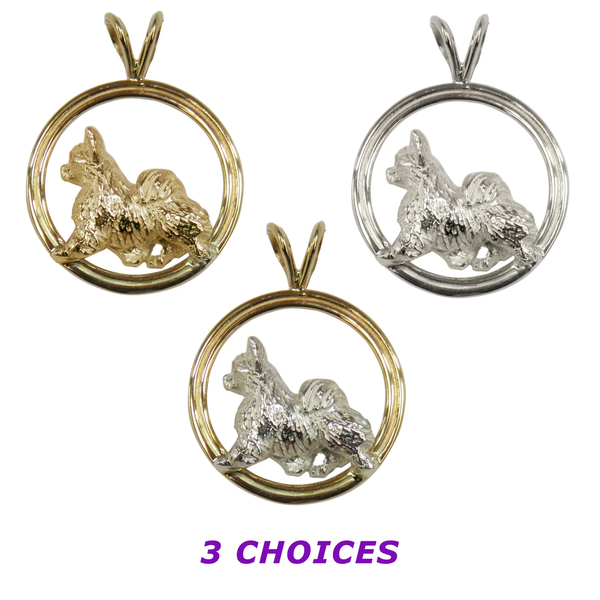 Chihuahua (Long Coat ) in 14K Gold Double Circle Pendant - Image 2