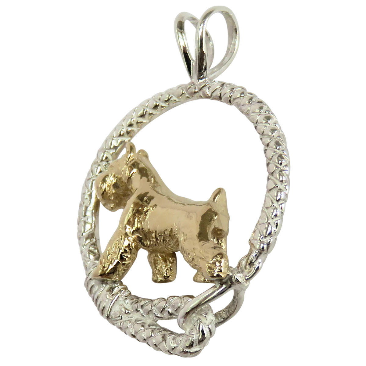Solid 14K Gold Miniature Schnauzer in Sterling Silver Leash Pendant - Image 3