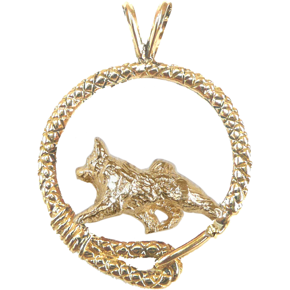 Solid 14K Gold Norwegian Elkhound Leash Pendant