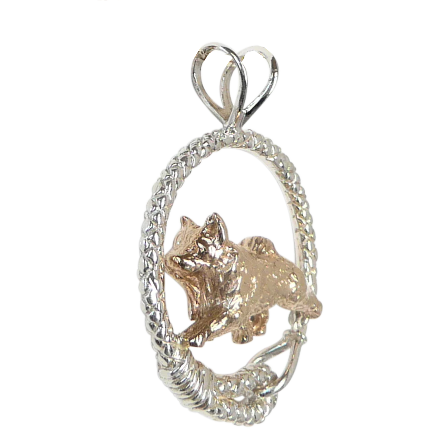 Solid 14K Gold Norwegian Elkhound in Sterling Silver Leash Pendant - Image 2