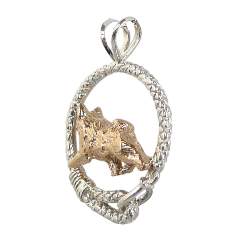 Solid 14K Gold Norwegian Elkhound in Sterling Silver Leash Pendant - Image 3
