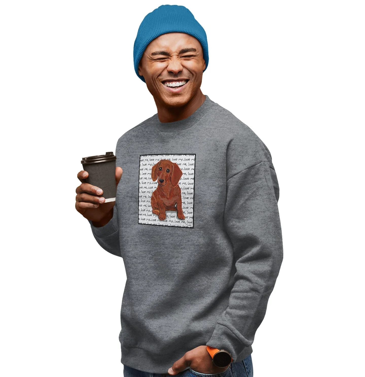 Red Dachshund Love Text - Adult Unisex Crewneck Sweatshirt - Image 3