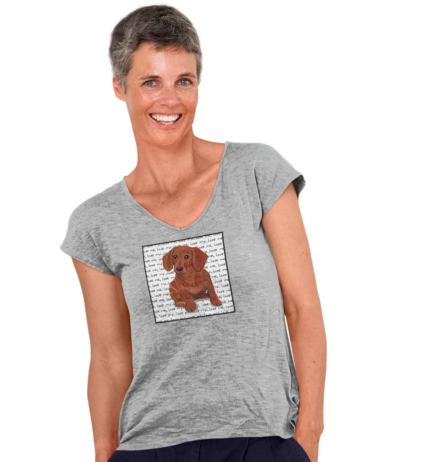 Red Dachshund Love Text - Women's V-Neck T-Shirt - Image 3