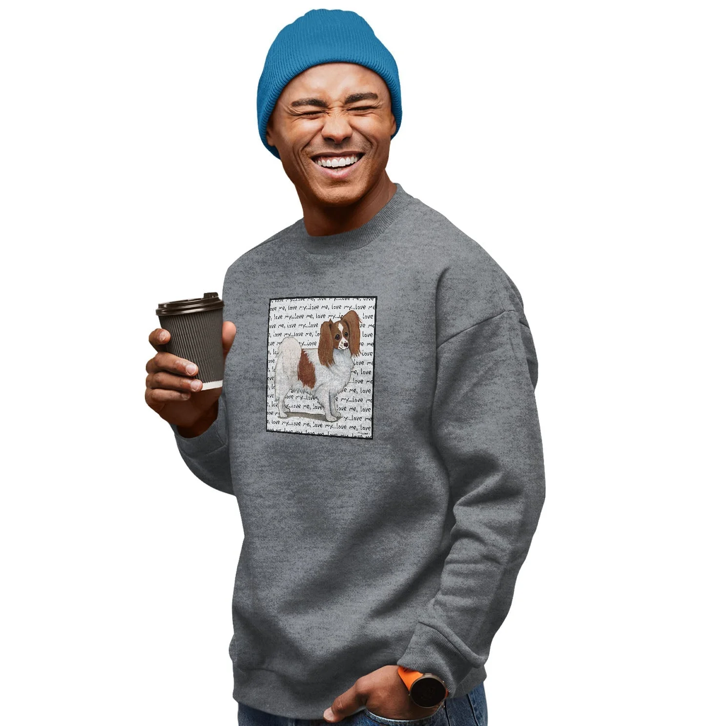 Red & White Papillon Love Text - Adult Unisex Crewneck Sweatshirt - Image 3