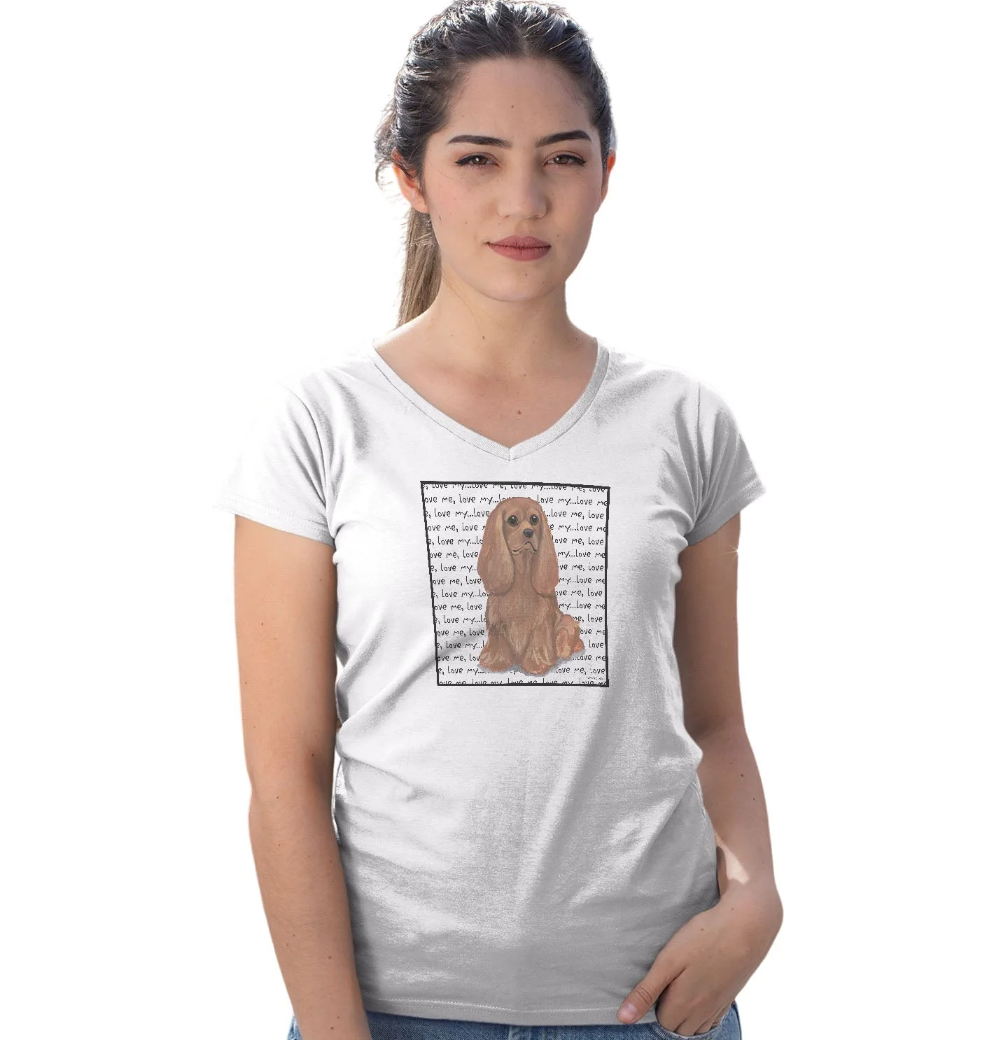 Ruby Cavalier King Charles Spaniel Love Text - Women's V-Neck T-Shirt - Image 3