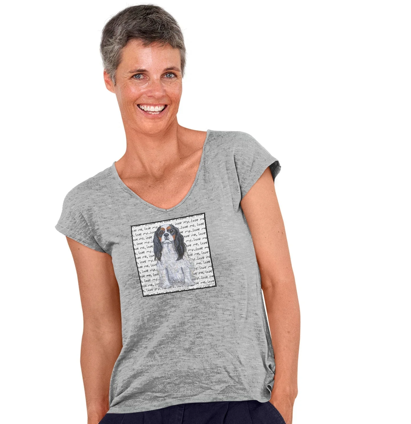Tri-Color Cavalier King Charles Spaniel Love Text - Women's V-Neck T-Shirt - Image 3