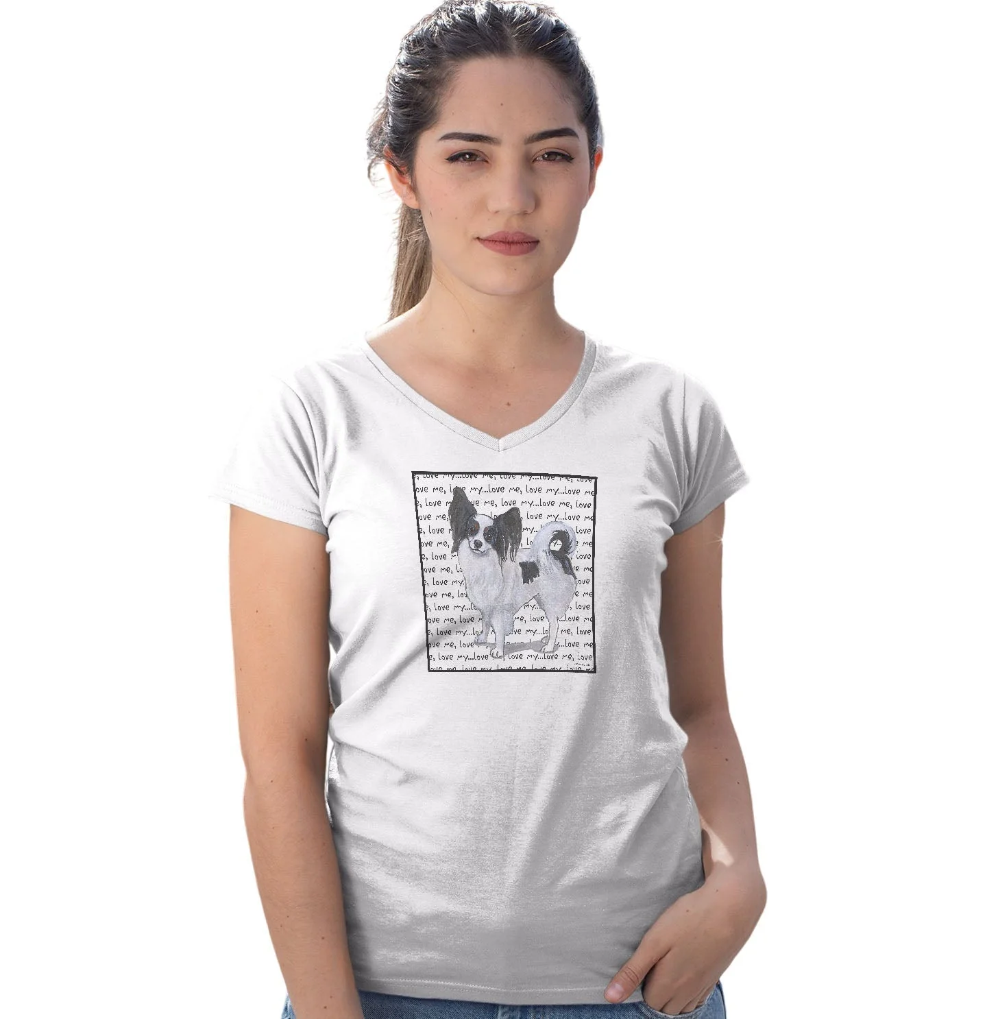 Tri-Color Papillon Love Text - Women's V-Neck T-Shirt - Image 3