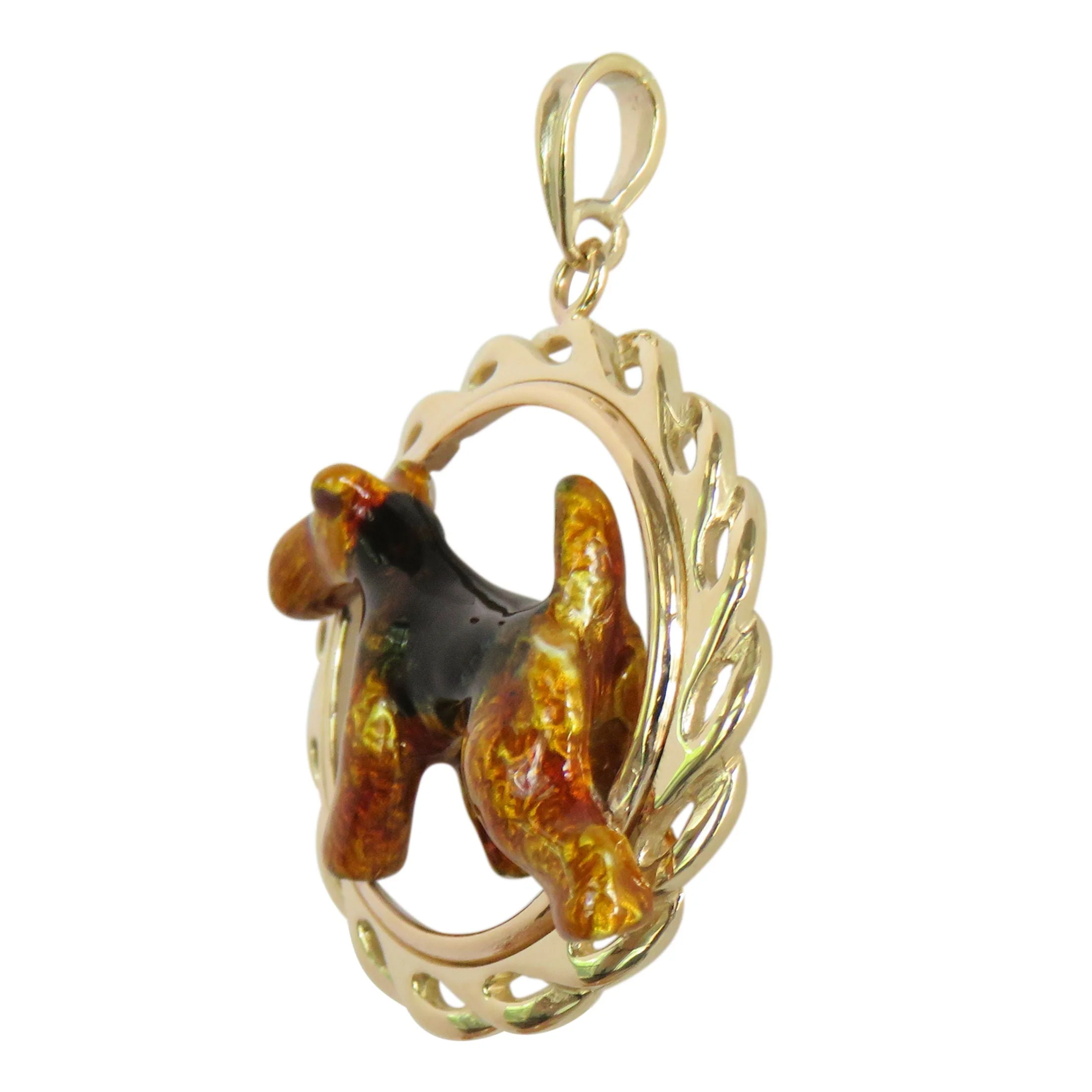 Welsh Terrier in 14K Gold Circle Wave Pendant Custom Enamel - Image 3